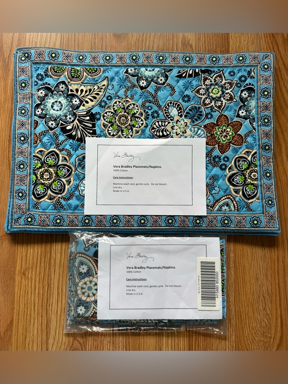 New Vera Bradley Bali Blue 4 quilted placemats & 4 fabric napkins cotton